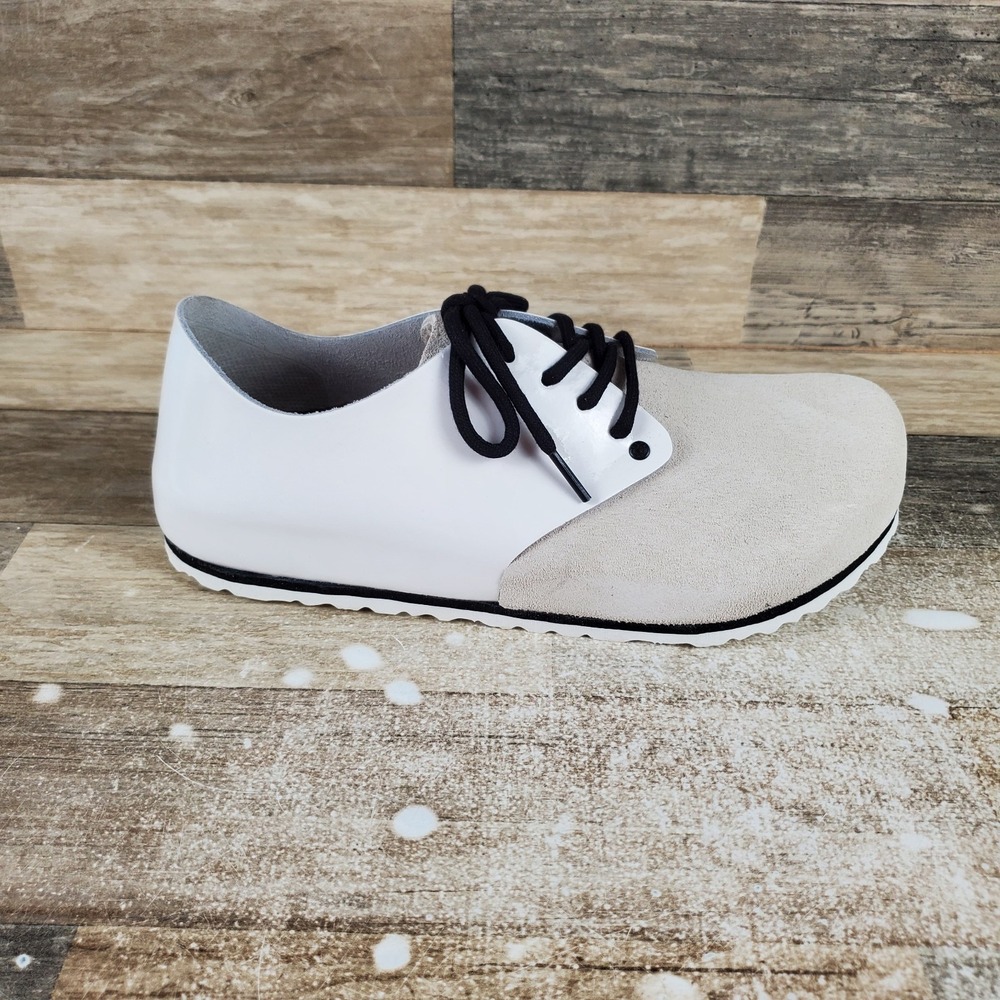 Birkenstock Maine Women Shoes Sz 10 White Patent Leather Suede Round Toe Lace-Up